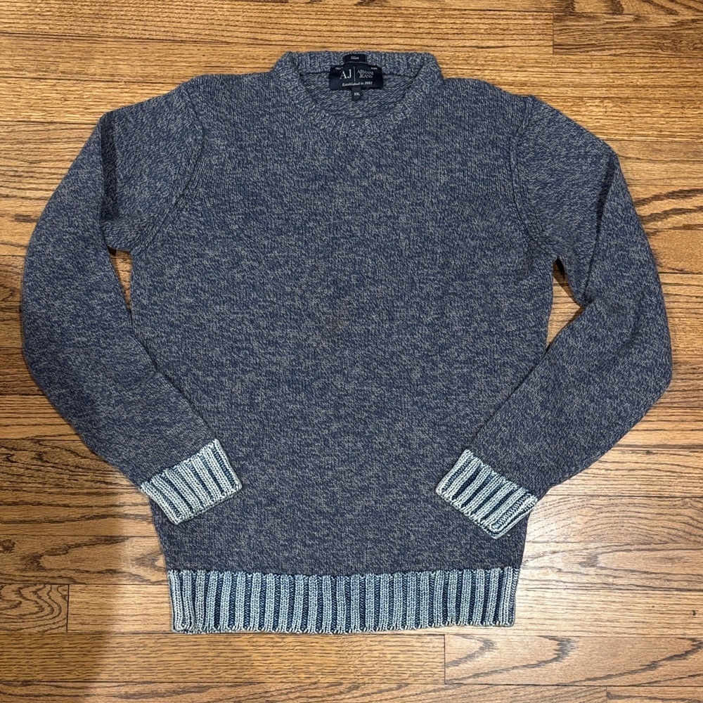 A/X Armani Exchange Heathered Blue Crewneck Sweater with Light-Blue Trim